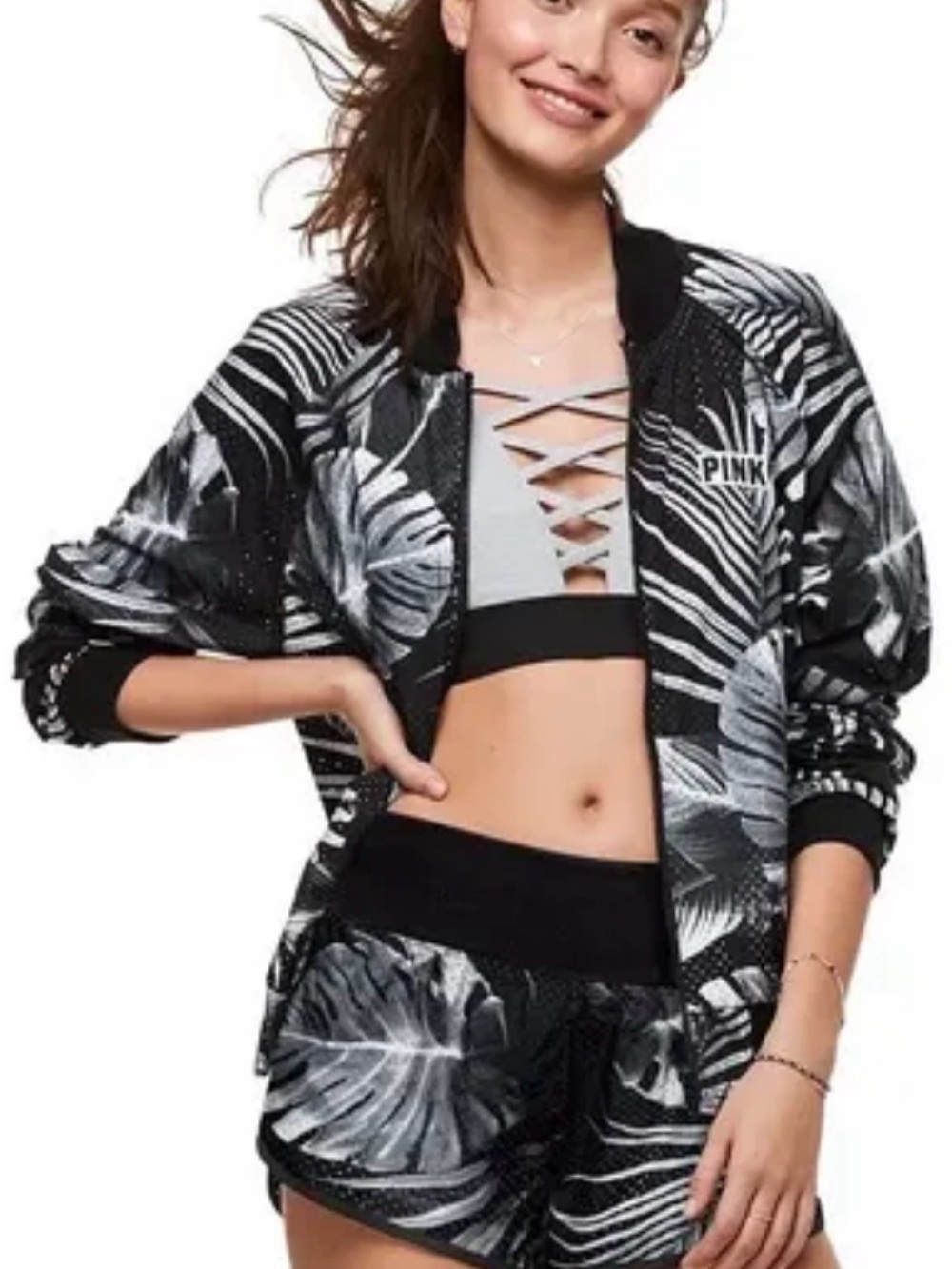 PINK Victoria's Secret Women's Black & White Tropical Bomber Jacket NWOT Large